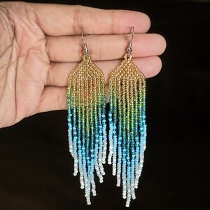 Ombre Boho Beaded Fringe Earrings Handmade Statement Jewelry Boheme